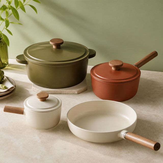 Ceramic-coated pots and a frying pan in olive, terracotta and cream with wooden handles and knobs, on a pale bench against a sage wall