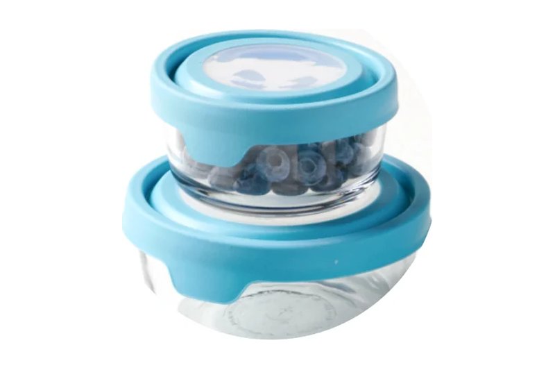 Anchor Hocking TrueSeal round glass containers with blue lids