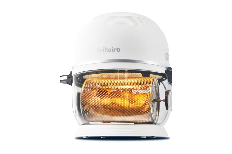Fritaire glass air fryer in white, with a clear glass bowl and rotisserie basket inside