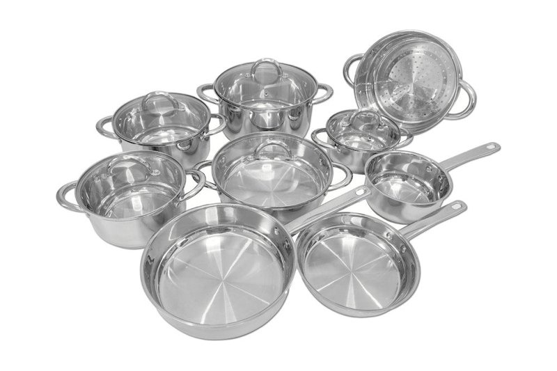 Ovela 9 piece stainless steel cookware set: frying pans, casseroles, saucepan and steamer with glass lids