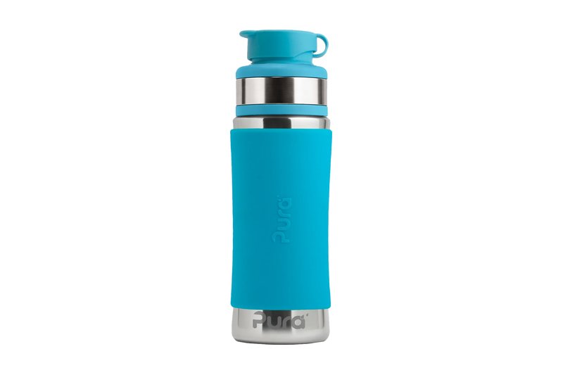 Pura Sport Mini stainless steel bottle with a blue silicone sleeve and sport top