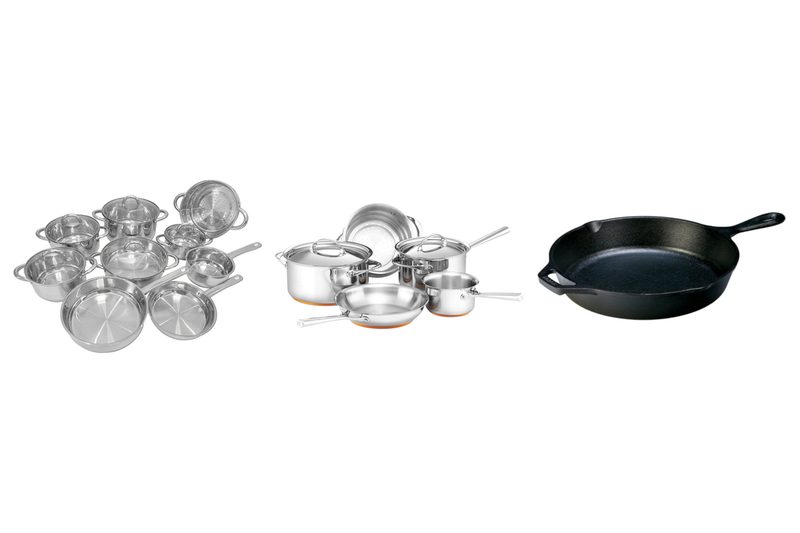 Three uncoated pans sold in Australia: an Ovela nine-piece stainless set, an Essteele Per Vita stainless set and a Lodge cast iron skillet