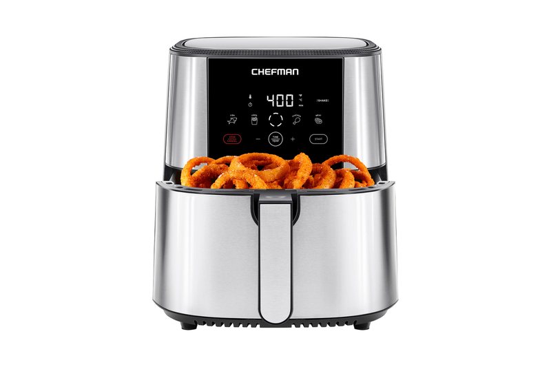 Chefman TurboFry Touch 8 quart air fryer with a stainless-look housing and onion rings in the basket