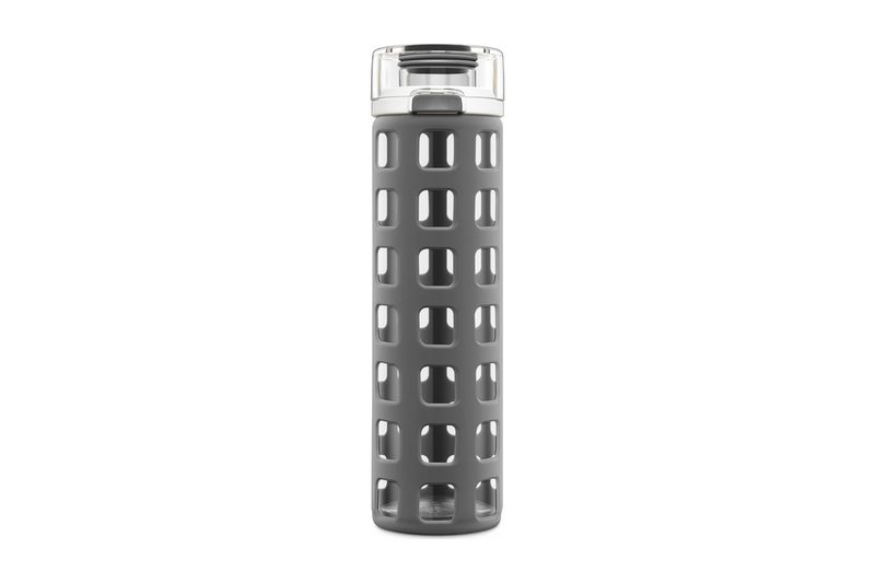 Ello Syndicate 20 oz glass water bottle in a grey silicone sleeve with a lid