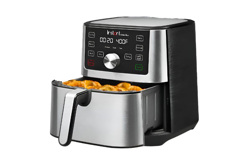 Instant Vortex Plus air fryer in stainless and black with the basket open, holding food