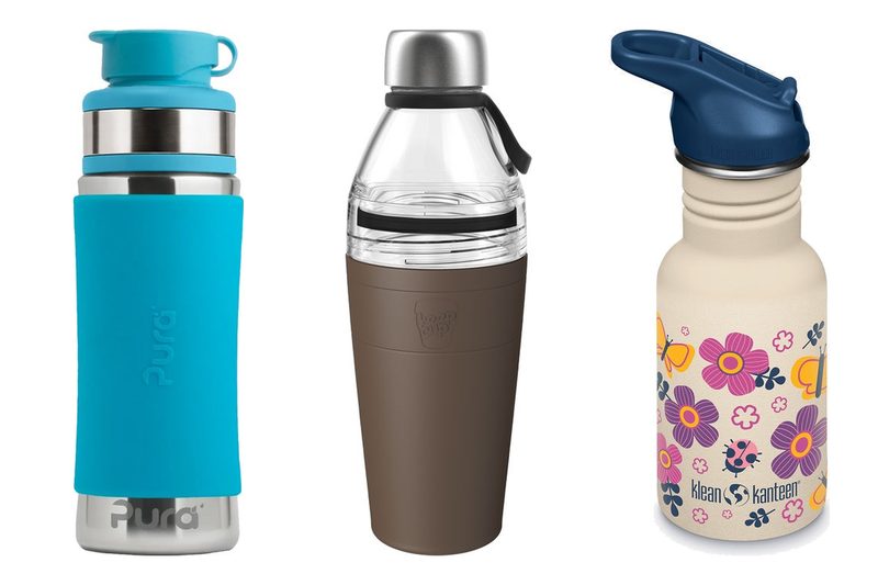 A Pura Sport Mini stainless bottle, a KeepCup Helix Thermal bottle and a Klean Kanteen Kids bottle