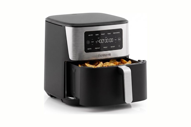 Nuwave Brio Plus 7 quart air fryer in black with a stainless front panel and the basket pulled out