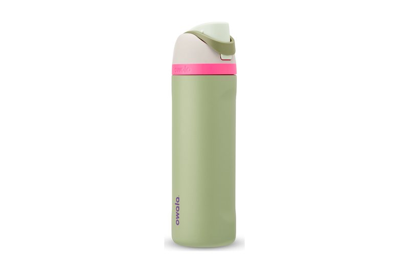 Owala FreeSip 24 oz insulated stainless bottle in sage green with a push-button lid and carry loop, shown whole