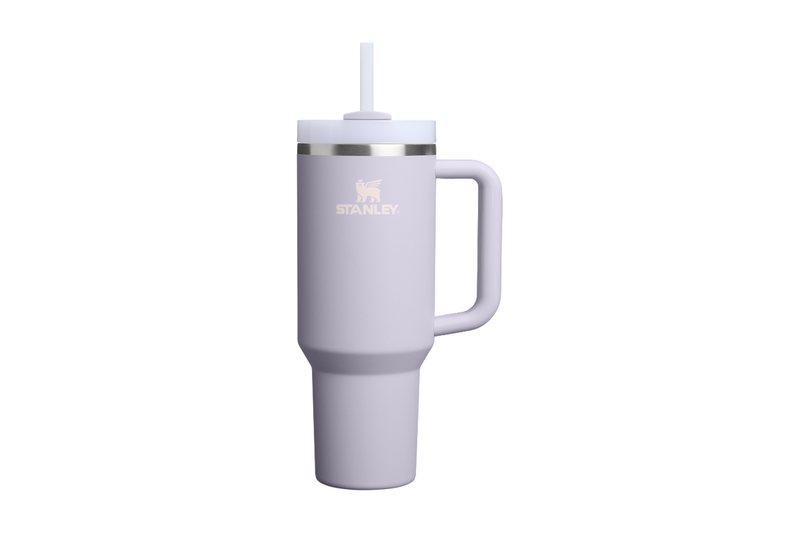 Stanley Quencher H2.0 FlowState 40 oz tumbler in lilac with a handle, a lid and a straw, shown whole from the front